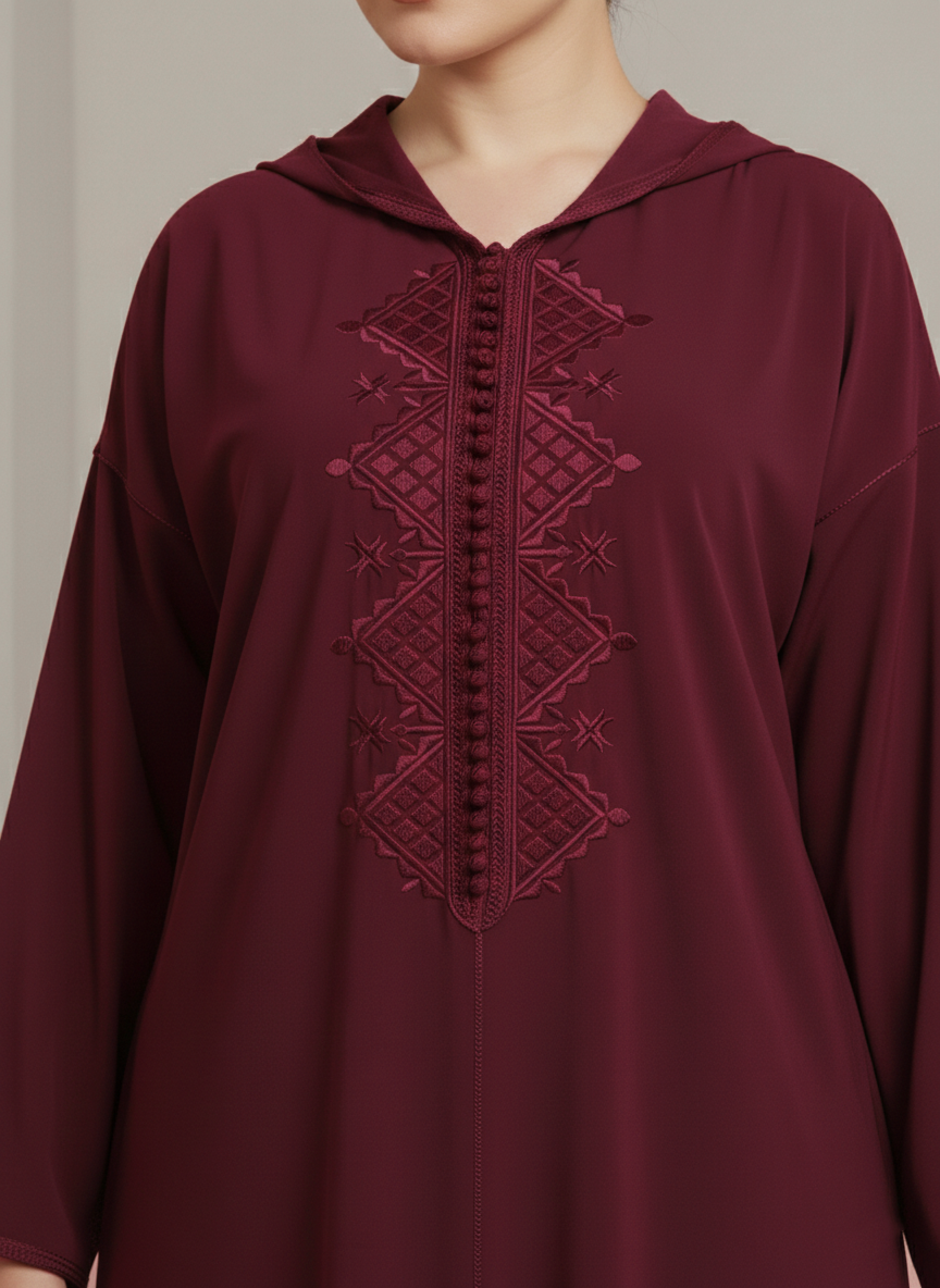 Jellaba Bordeaux en crêpe avec broderie