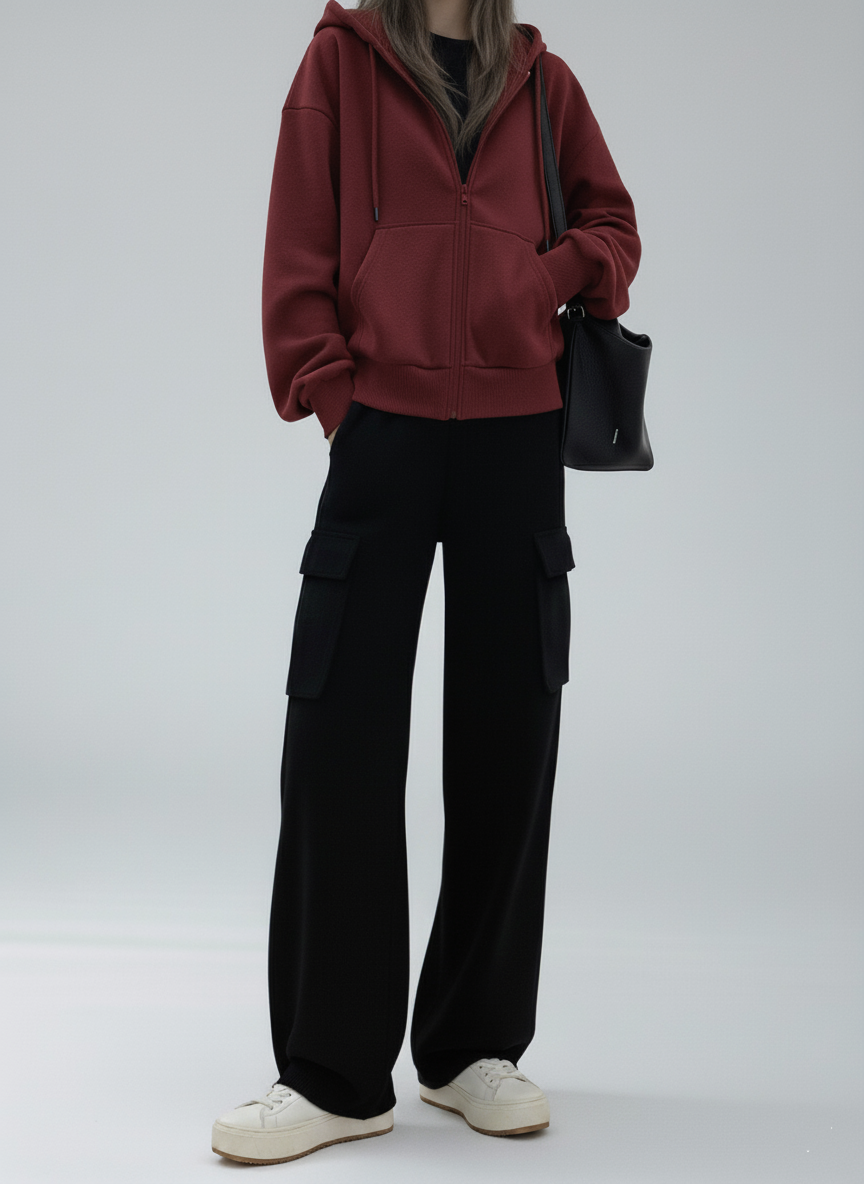 Hoodie courte Zippé Bordeaux Manches Tombantes
