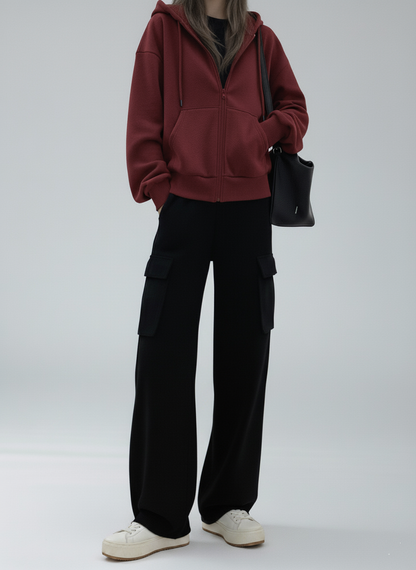 Hoodie courte Zippé Bordeaux Manches Tombantes