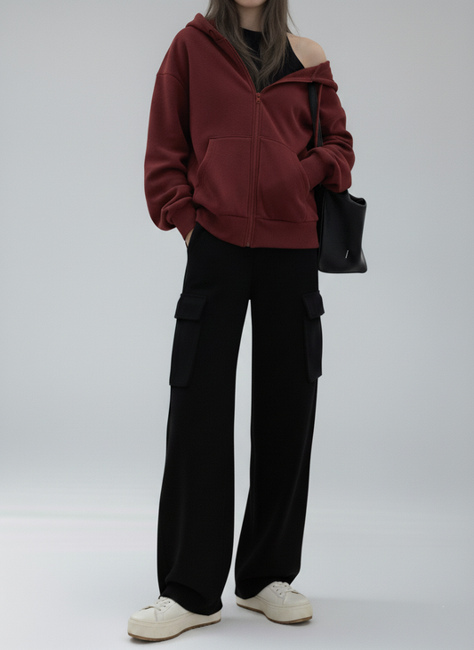 Hoodie courte Zippé Bordeaux Manches Tombantes