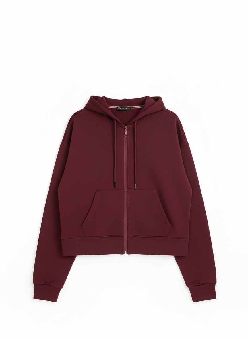 Hoodie courte Zippé Bordeaux Manches Tombantes
