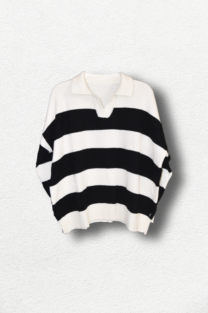 Pull Blanc À Rayures Noires Manches Longues