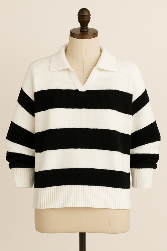 Pull Blanc À Rayures Noires Manches Longues