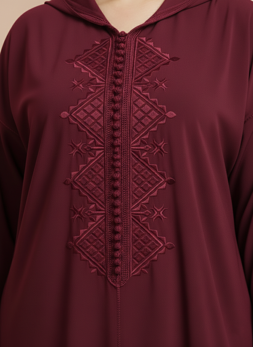 Jellaba Bordeaux en crêpe avec broderie