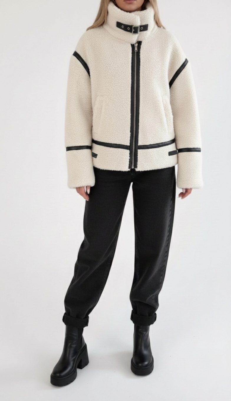 Veste biker en mouton retourné avec finitions cuir