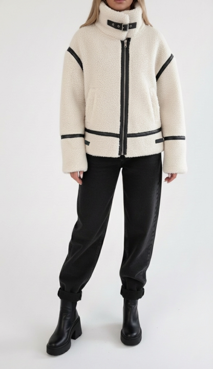 Veste biker en mouton retourné avec finitions cuir