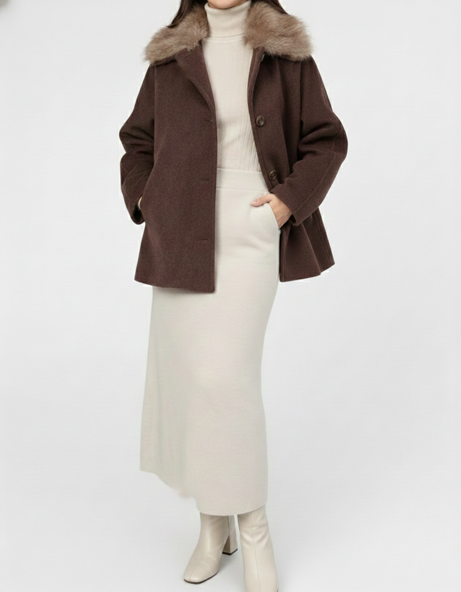 Manteau Court Kimono en Laine Mélangée Col Fourrure Amovible  – Marron