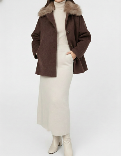 Manteau Court Kimono en Laine Mélangée Col Fourrure Amovible  – Marron
