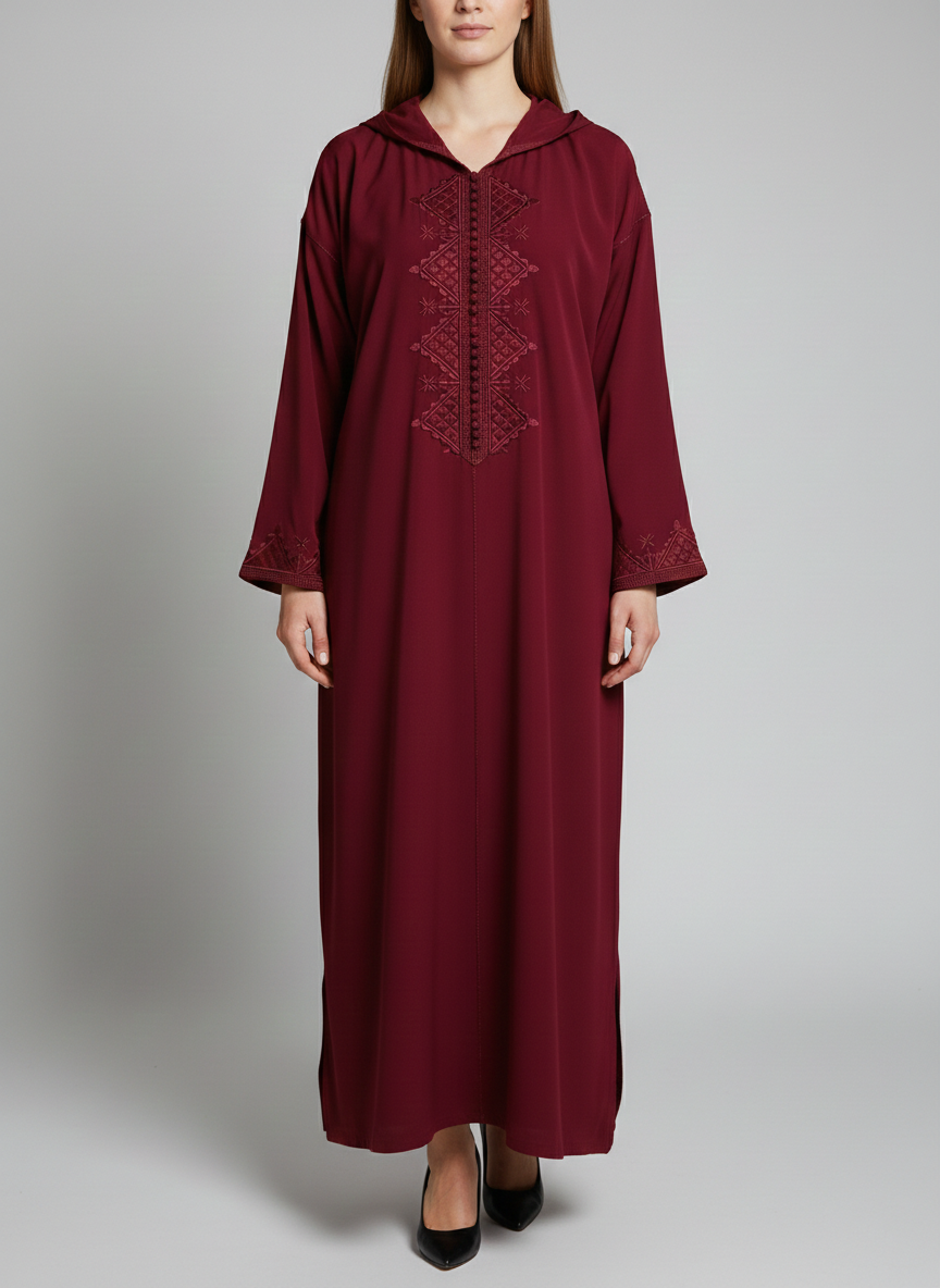 Jellaba Bordeaux en crêpe avec broderie