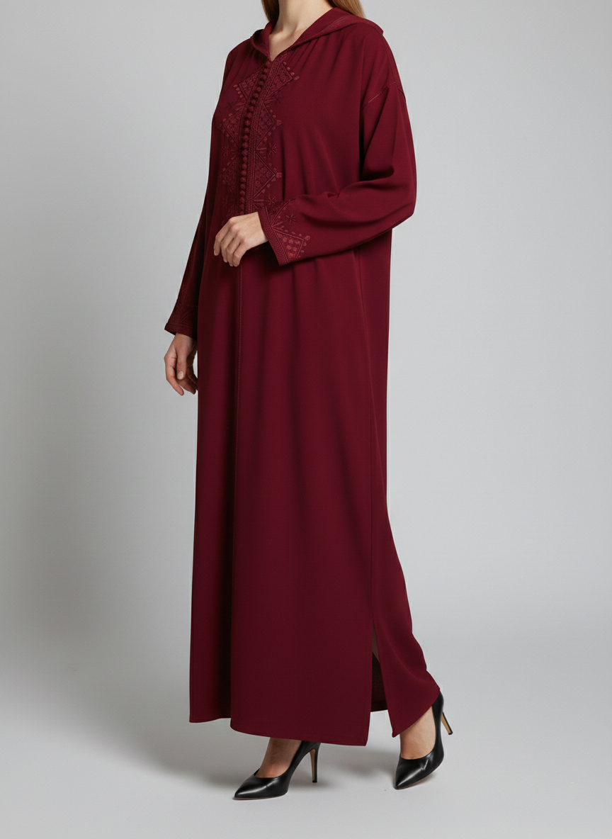 Jellaba Bordeaux en crêpe avec broderie