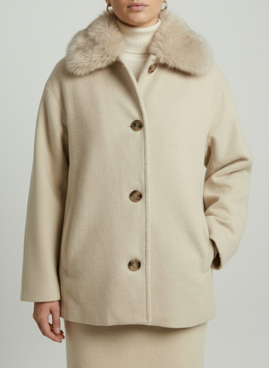 Manteau Court Kimono en Laine Mélangée Col Fourrure Amovible  – Beige