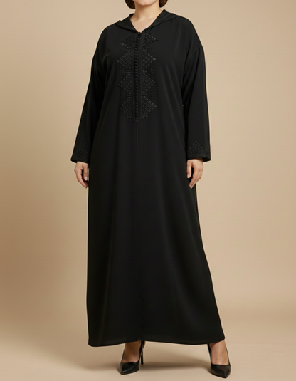 Jellaba Noire en crêpe avec broderie