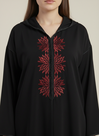 Jellaba Noire en crêpe avec broderie en bordeaux
