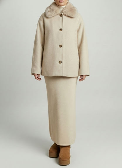 Manteau Court Kimono en Laine Mélangée Col Fourrure Amovible  – Beige