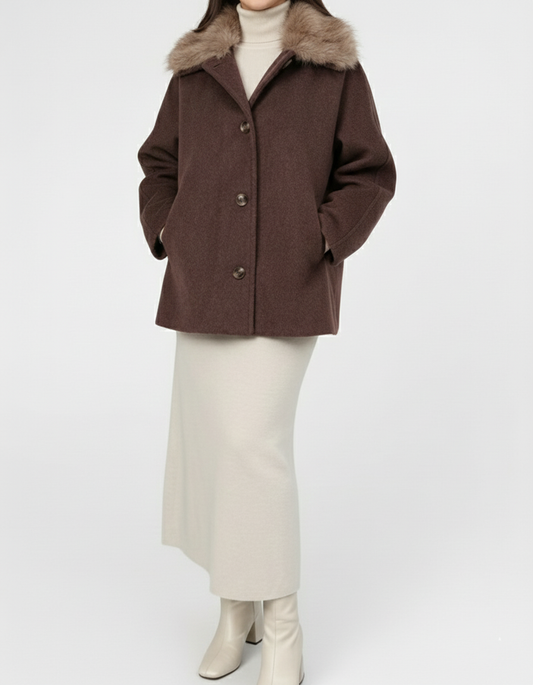 Manteau Court Kimono en Laine Mélangée Col Fourrure Amovible  – Marron