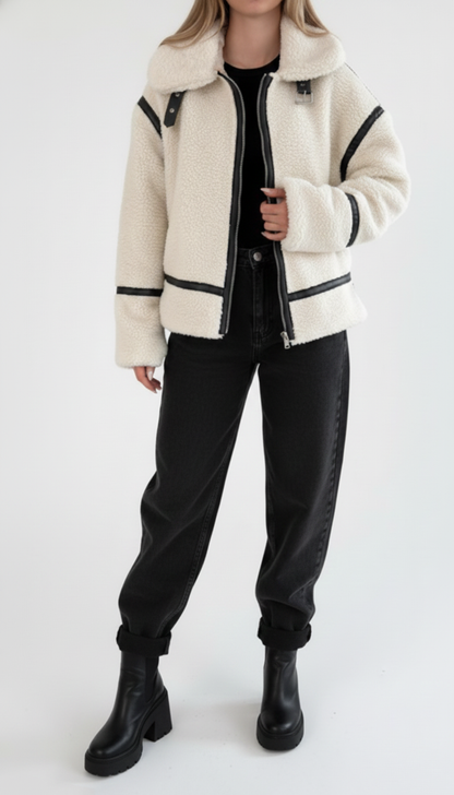 Veste biker en mouton retourné avec finitions cuir