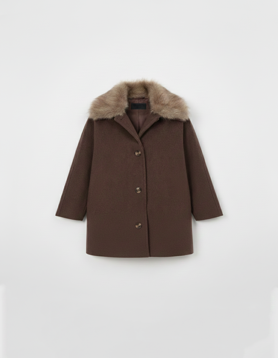 Manteau Court Kimono en Laine Mélangée Col Fourrure Amovible  – Marron