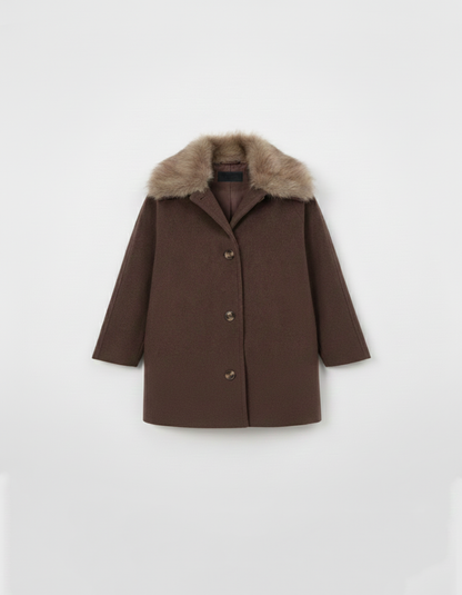 Manteau Court Kimono en Laine Mélangée Col Fourrure Amovible  – Marron