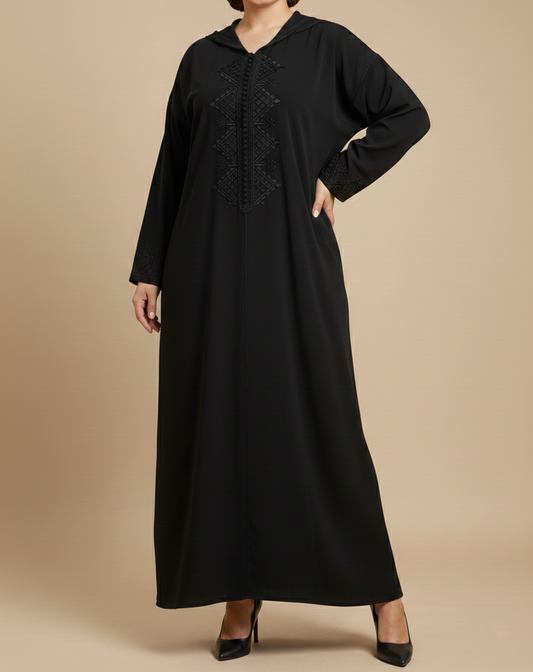 Jellaba Noire en crêpe avec broderie