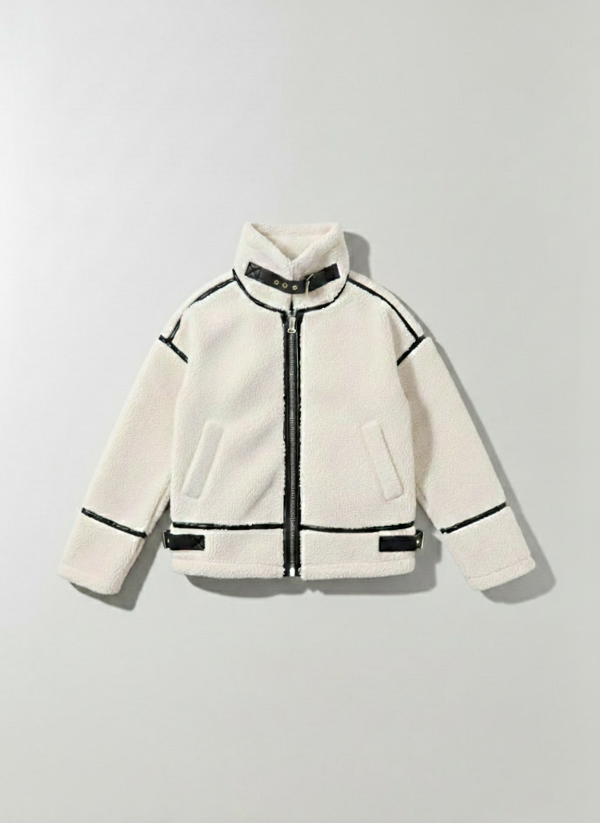 Veste biker en mouton retourné avec finitions cuir