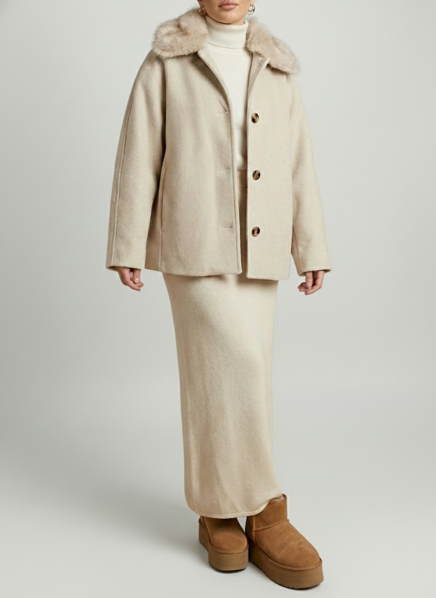 Manteau Court Kimono en Laine Mélangée Col Fourrure Amovible  – Beige