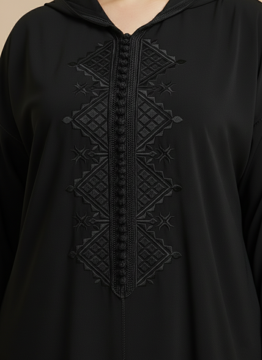 Jellaba Noire en crêpe avec broderie