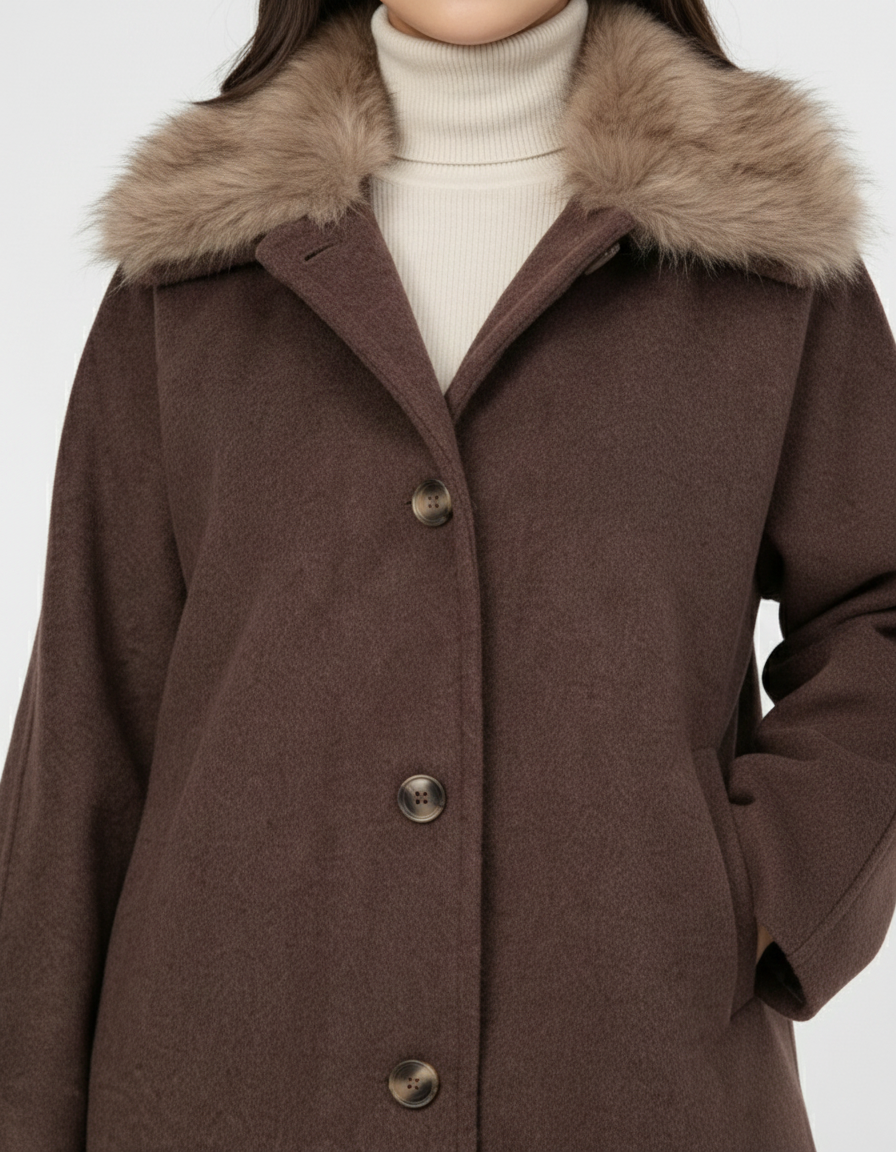 Manteau Court Kimono en Laine Mélangée Col Fourrure Amovible  – Marron