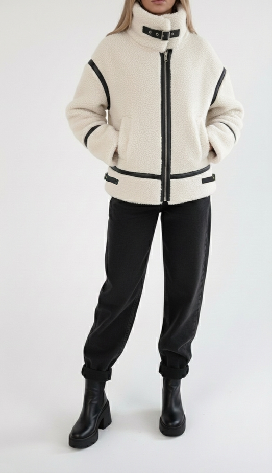 Veste biker en mouton retourné avec finitions cuir