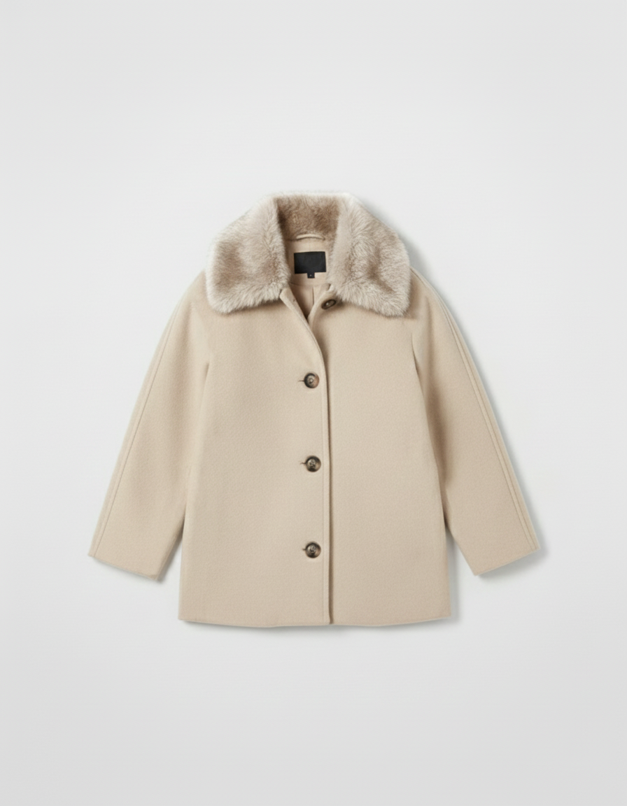 Manteau Court Kimono en Laine Mélangée Col Fourrure Amovible  – Beige