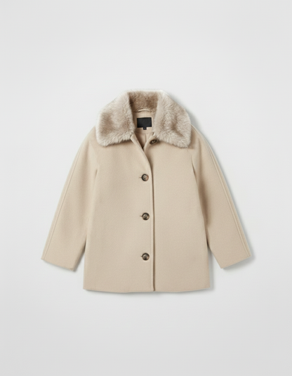 Manteau Court Kimono en Laine Mélangée Col Fourrure Amovible  – Beige