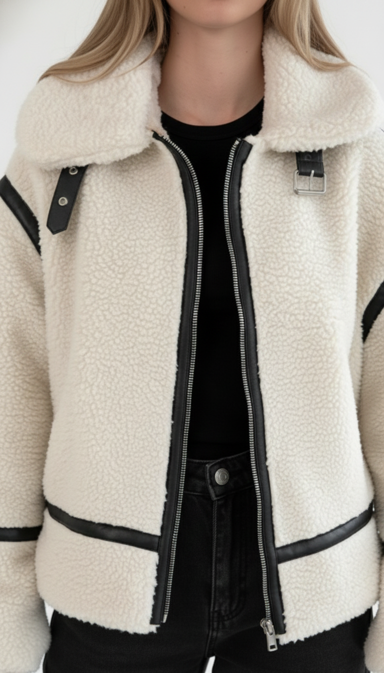 Veste biker en mouton retourné avec finitions cuir